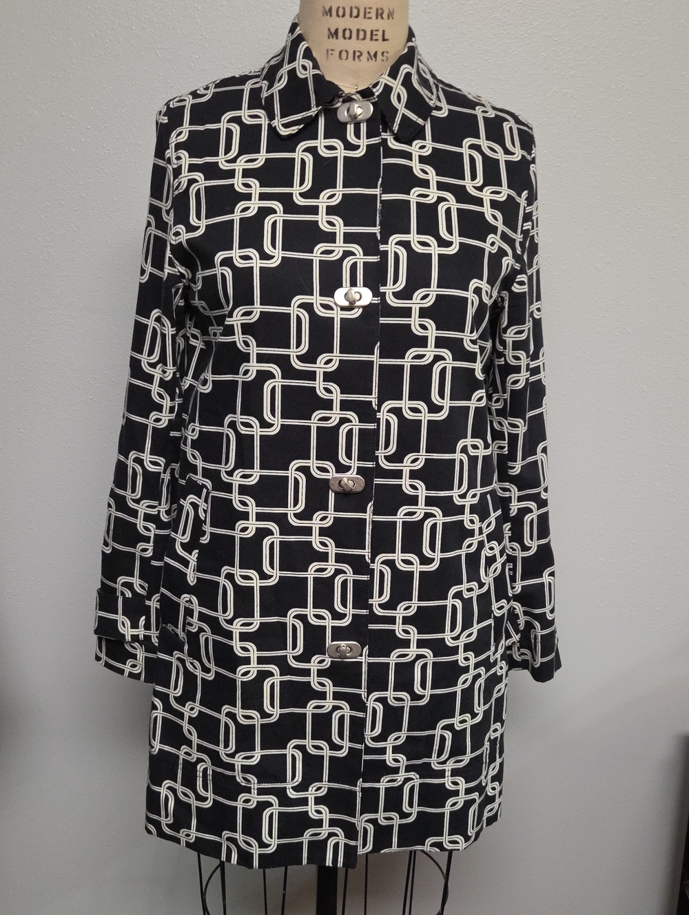George Black and White Geometric Trench Coat